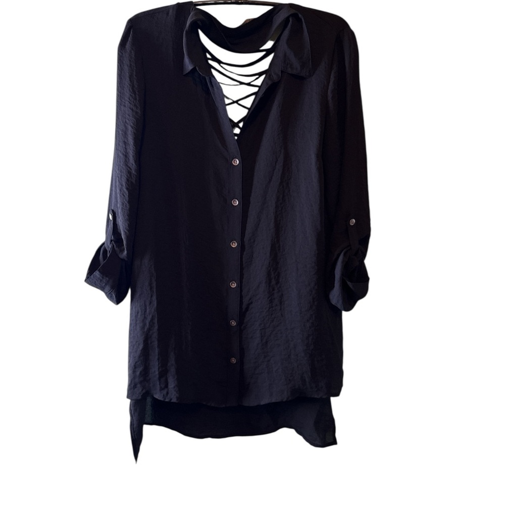 Rock & Republic Top Black Lace Up Sexy Front Back Keyhole Roll Tab Long Sleeves - Picture 2 of 5